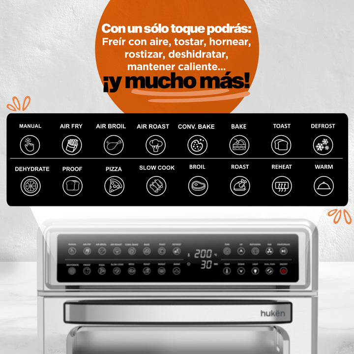 MasterChef by Hukën | Horno Freidora de Aire Digital + Accesorios de regalo | 20 Litros | Panel Touch | Acero Inoxidable