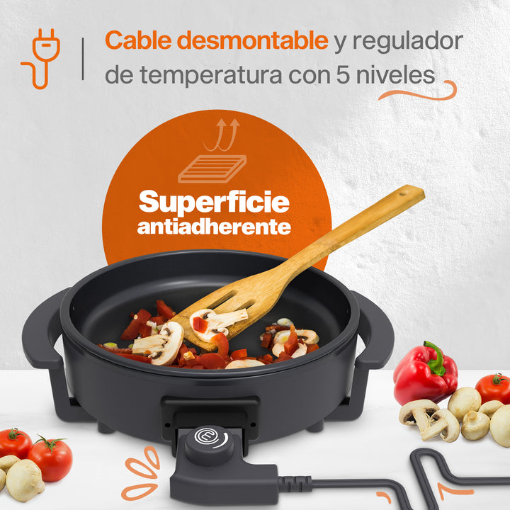 Sartén Eléctrico Desmontable Grill+ | Superficie 28.5cm |  Negro | MasterChef by Hukën®