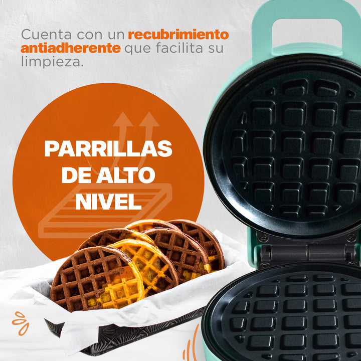 Mini Wafflera | 1 Rebanada | Luz Indicadora | Mini Heat+ | Azul | Acero